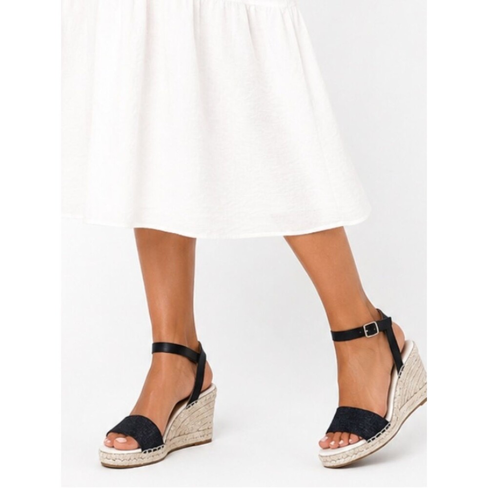 Talbots Navy Espadrille Sandals Ankle Strap Canvas Leather Size 6.5